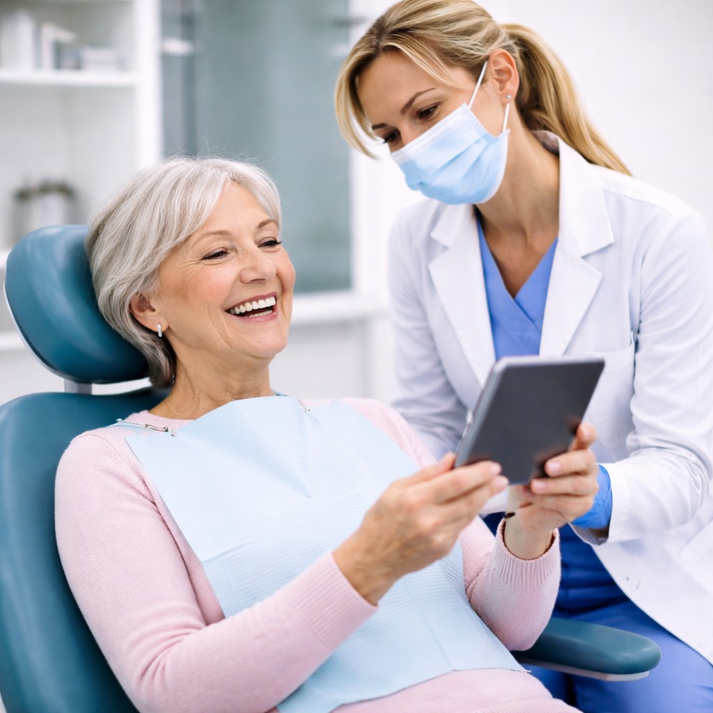 Denturist holding a denture model